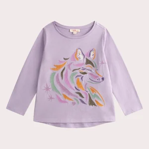 T-shirt violet animation loup avec broderies pour fille