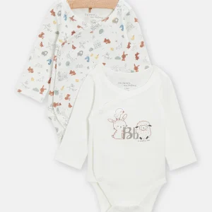 2 bodies écrus à imprimés et motifs fantaisies