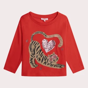 T-shirt manches longues rouge animation tigre et coeur sequins magiques