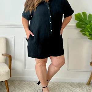 Combishort noir gaze de coton grande taille : Judie