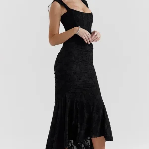 Charlotte Robe Mi-Longue -  Noir à Motif Floral