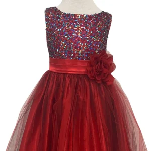 Robe de Fillette en Tulle Rouge avec Corsage à Paillettes