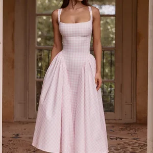 Sherrie Robe Mi-Longue - Vichy Rose Poudré